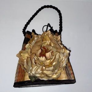 Unique straw bag bucket style braided rope handle drawstring closure silk flower
